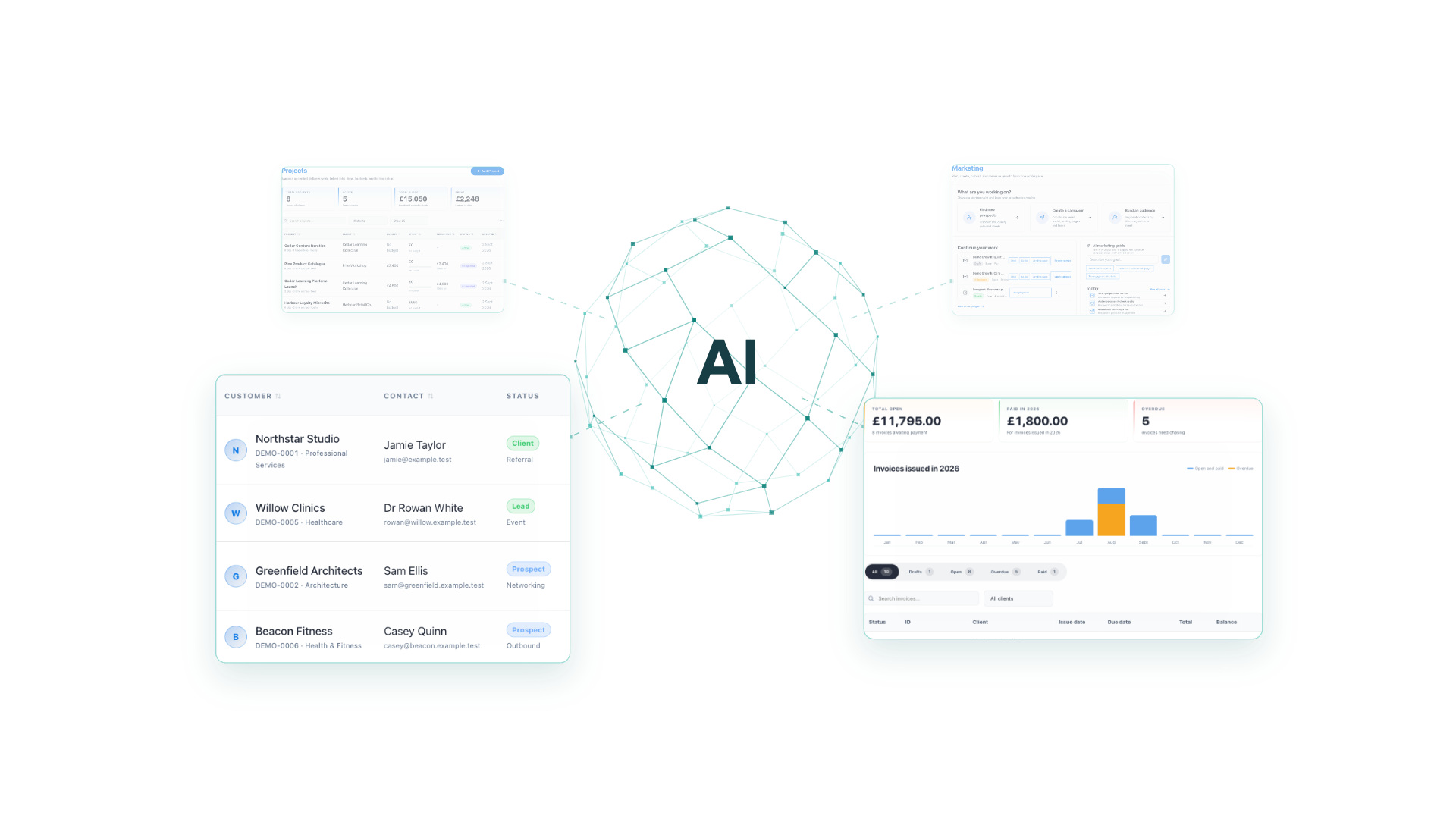 Nidus AI animation connecting customers, projects, marketing and invoicing